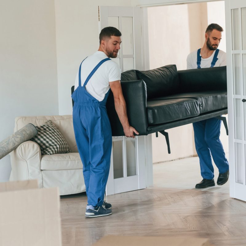 Sofa in hands. Two moving service employees in a room.